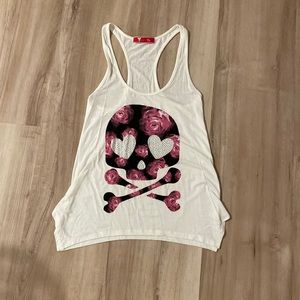 Rhinestone Skull Tank Off White with Black/Pink Flowered & Hearts Skull